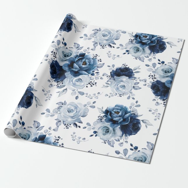 Dusty Blue Slate Navy Blommigt Botanical Bröllop W Presentpapper (Utrullad)