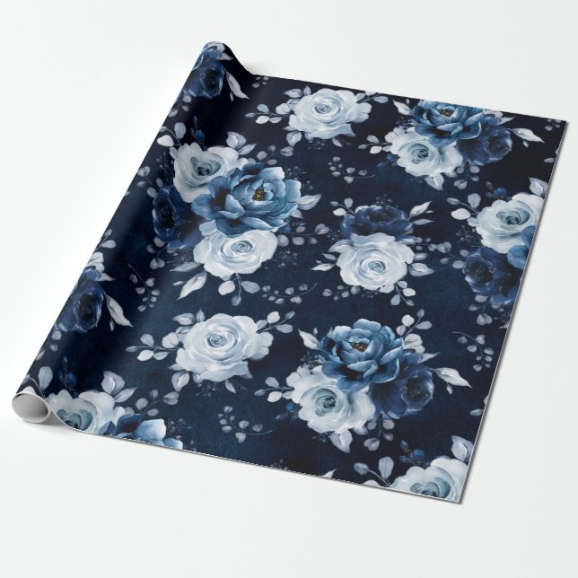 Dusty Blue Slate Navy Blommigt Botanical Bröllop W Presentpapper (Utrullad)