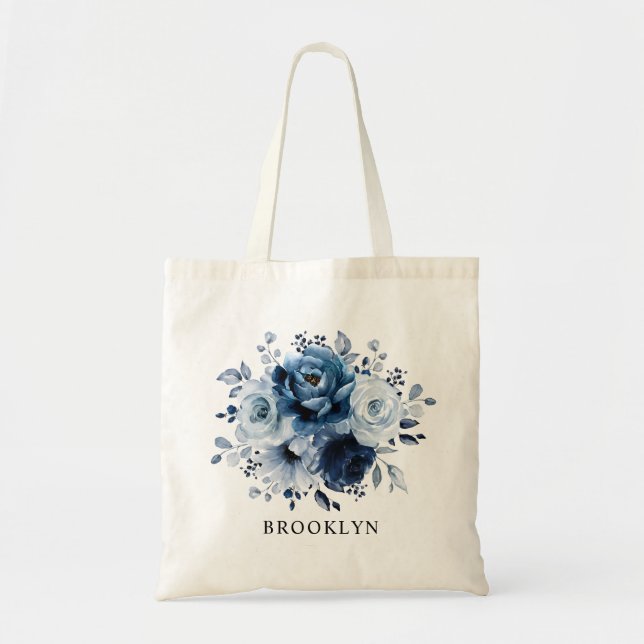 Dusty Blue Slate Navy Blommigt Bridesmaid Gift Tygkasse (Framsidan)