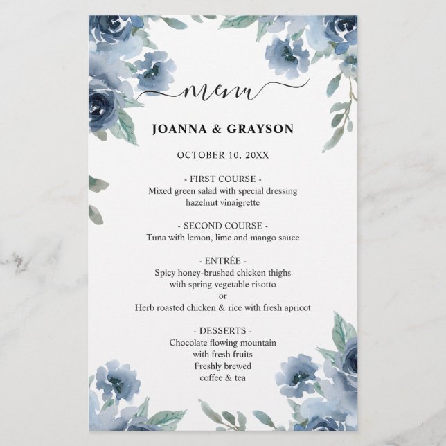Dusty Blue Slate Navy Blommigt Bröllop Menu (Framsida)