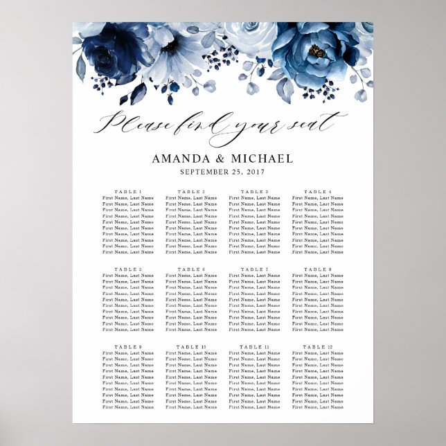 Dusty Blue Slate Navy Botanical Seatdiagram Poster (Framsidan)
