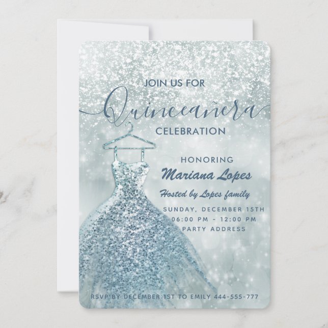 Dusty blue snö vinterland Quinceañera Invi Inbjudningar (Framsida)