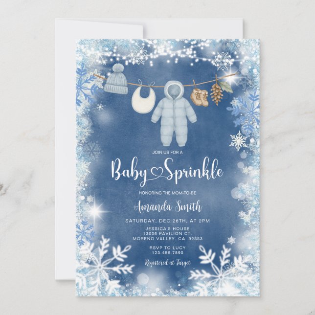 Dusty Blue Snowflake Boy Clothesline Baby Sprinkle Inbjudningar (Framsida)