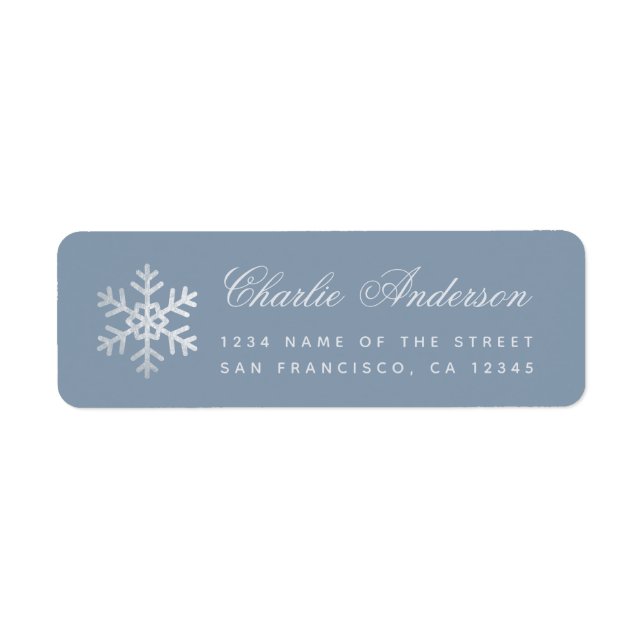 Dusty Blue Snowflake Winter Holidays Faux Silver Returadress Etikett (Framsidan)