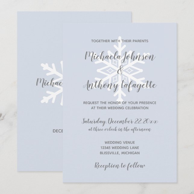 Dusty Blue Snowflake Winter Wedding Inbjudningar (Fram/baksida)
