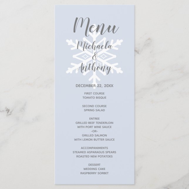 Dusty Blue Snowflake Winter Wedding Meny (Framsida)