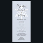 Dusty Blue Snowflake Winter Wedding Meny<br><div class="desc">En enkel men ändå elegant-design med en vit snöflinga på en dammig blå bakgrund,  med ord "Menu" och namnen av bruden och groomen i grått-skriptet,  och den återstående texten i sans serif-teckensnitt.</div>