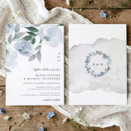 Dusty Blue Soft Watercolor Floral Wedding Inbjudningar