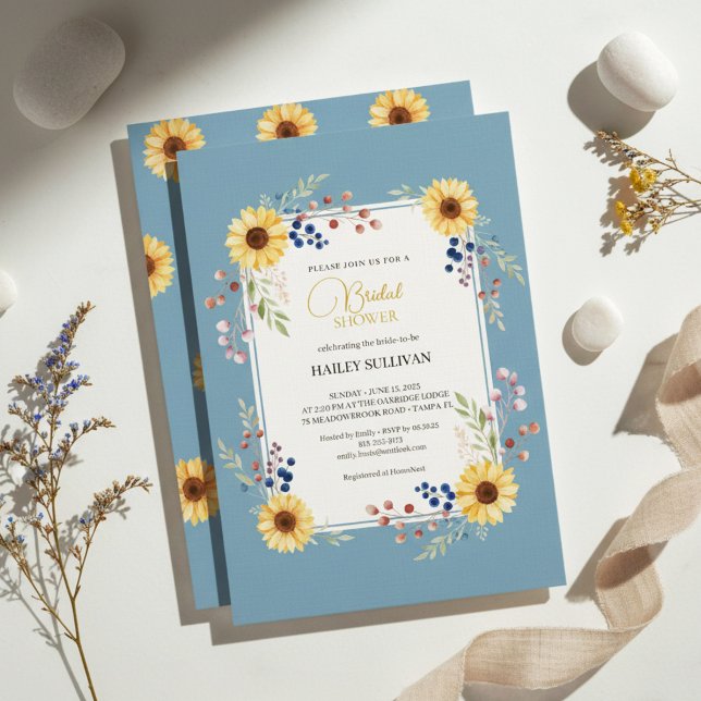 Dusty Blue Solros Bröllopsdusch Guld Ram Inbjudningar (elegant bridal shower invitation)