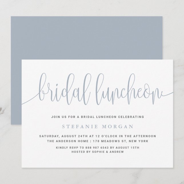 Dusty Blue Söt Calligraphy Möhippa Luncheon Inbjudningar (Fram/baksida)