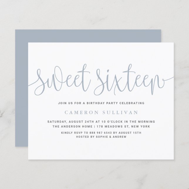 Dusty Blue Söt Calligraphy Sweet 16 Call (Fram/baksida)