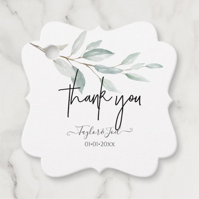 Dusty Blue Sprig-Tacken Namnteckning skript Gåvor Etiketter (Framsida)