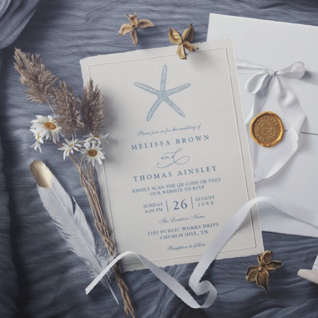 Dusty Blue Starfish Beach Elegant QR Code Wedding Inbjudningar (Skapare uppladdad)