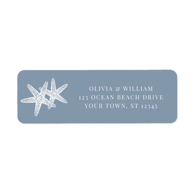 Dusty Blue Starfish Beach Wedding Returadress Returadress Etikett (Framsidan)