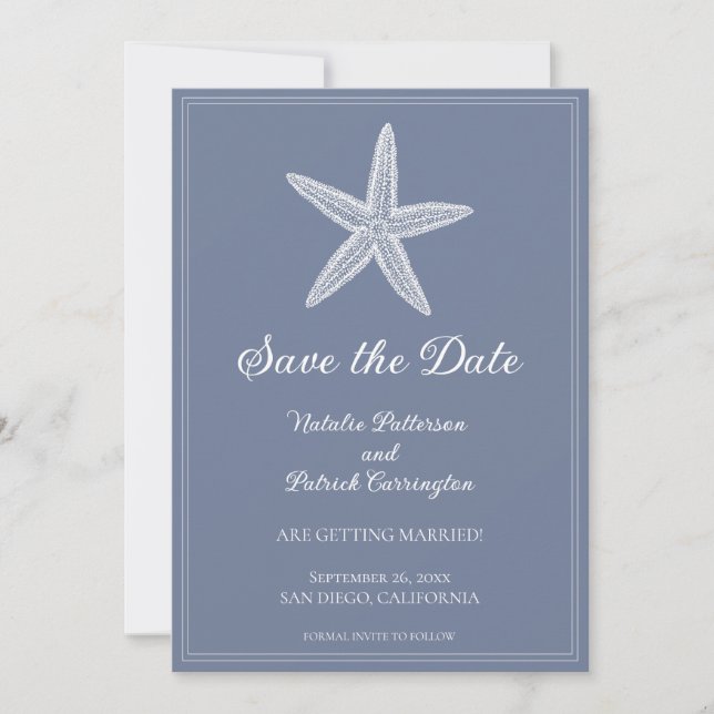 Dusty Blue Starfish Save Date Inbjudan (Framsida)