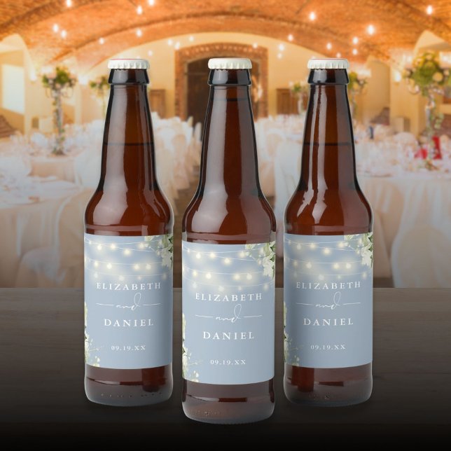 Dusty Blue String Ljus Blommigt Greenery Bröllop Ölflaska Etikett (Dusty Blue String Lights Floral Greenery Wedding Beer Bottle Label)