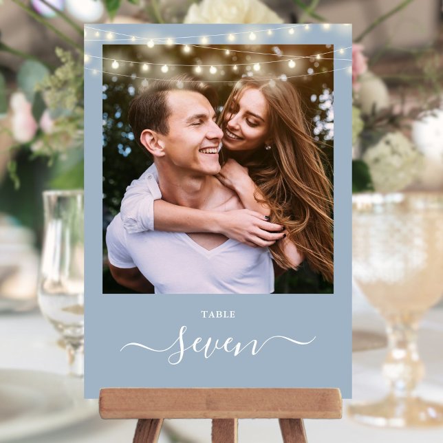 Dusty Blue String Ljus Photo Bordsnummer (Dusty Blue String Lights Photo Table Number)