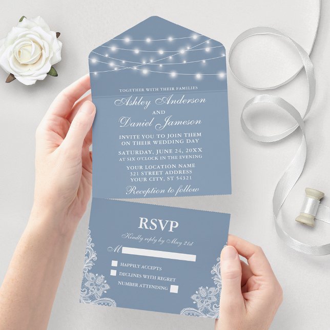 Dusty Blue String Ljus Snöre Bröllop (All In One Wedding Invitation with tear off RSVP Card)