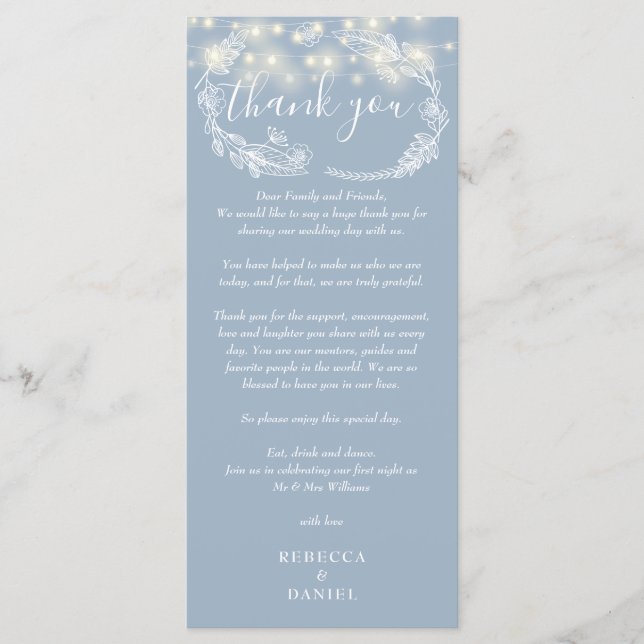 Dusty Blue String Ljus Tack Place Card Meny (Framsida)