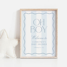 Dusty Blue Stripe Oh Boy Baby Shower Välkomstskylt Poster