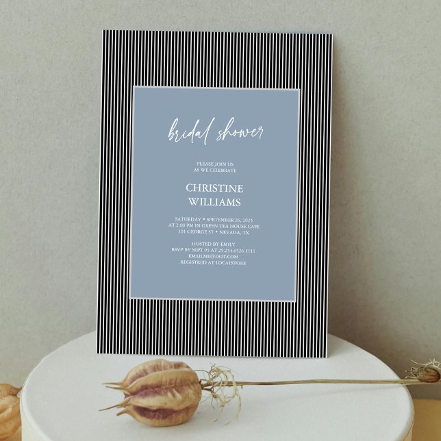 Dusty Blue Stripe Ram Inbjudningskort för möhippan (Gorgeous Dusty Blue: Modern Stripes Bridal Shower Invitation Personalized)