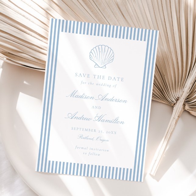 Dusty Blue Stripe Shell Wedding Save the Date (Skapare uppladdad)