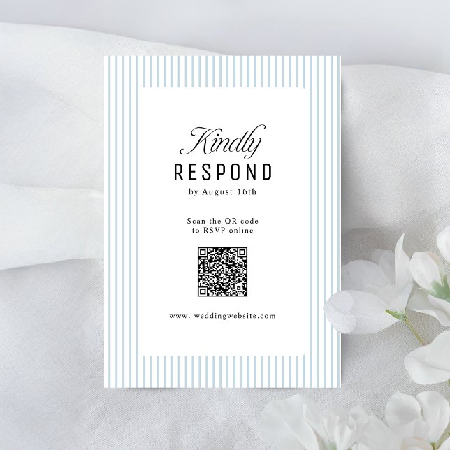 Dusty Blue Striped Elegance Classy QR Code Wedding OSA Kort (Dusty Blue Striped Elegance Classy QR Code Wedding RSVP Card)