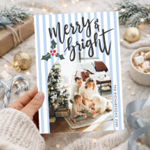 Dusty Blue Striped Merry & Bright Christmas Photo