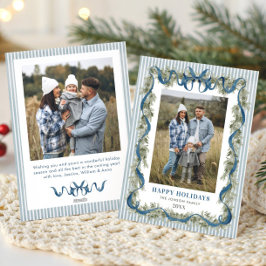 Dusty Blue Stripped Blue Bow Christmas 2 Photo Julkort