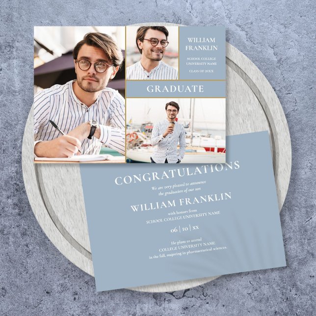 Dusty Blue Student Guld 3 Photo Studenten Meddelande (Dusty Blue Graduate Gold 3 Photo Graduation Announcement)