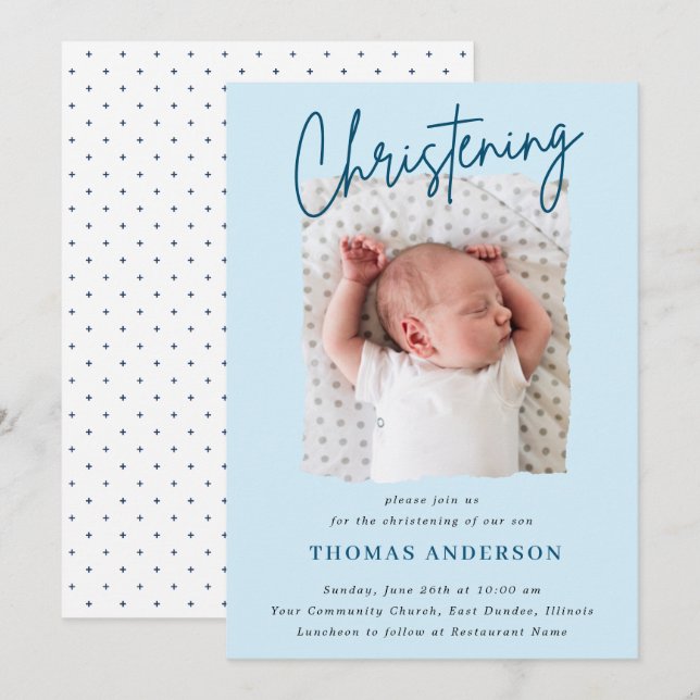 Dusty Blue Subtle Kor Handwrite Christening Inbjudningar (Fram/baksida)