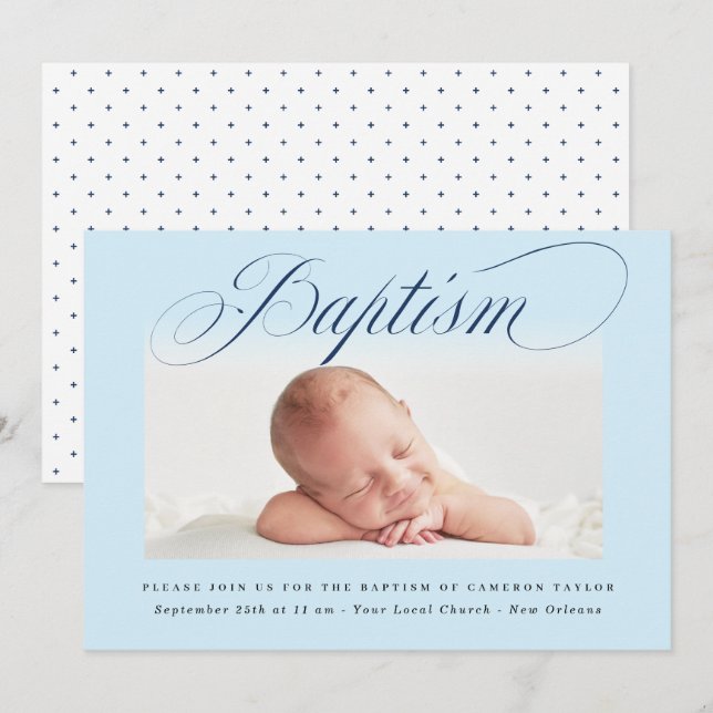 Dusty Blue Subtle Kor Script Baptism Photo Boy Inbjudningar (Fram/baksida)