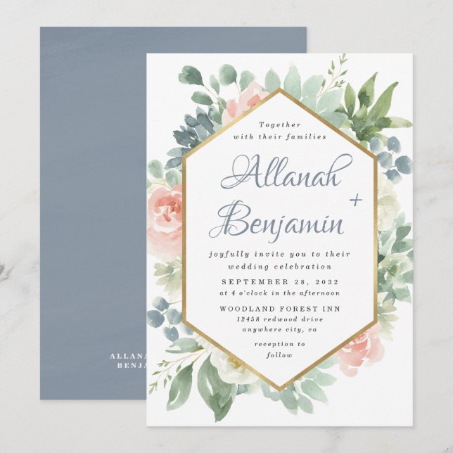 Dusty Blue  Succulage Blommigt Garden Wedding Inbjudningar (Fram/baksida)