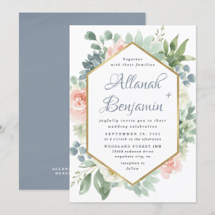 Dusty Blue Succulage Blommigt Garden Wedding Inbjudningar