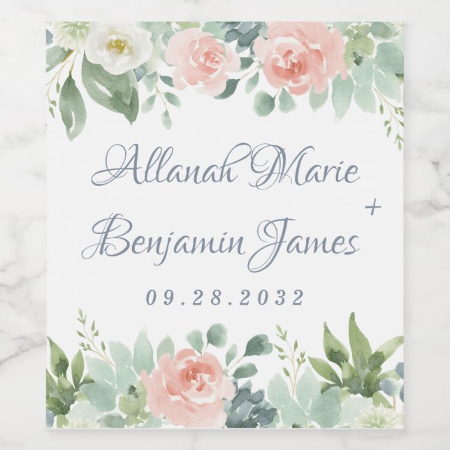 Dusty Blue  Succulage Blommigt Garden Wedding Vinflaska Etikett (Singel etikett)