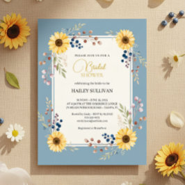 Dusty Blue Sunflower Bridal Shower Gold Frame Inbjudningar