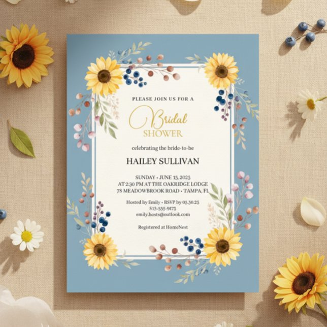 Dusty Blue Sunflower Bridal Shower Gold Frame Inbjudningar (Dusty Blue Sunflower Frame)