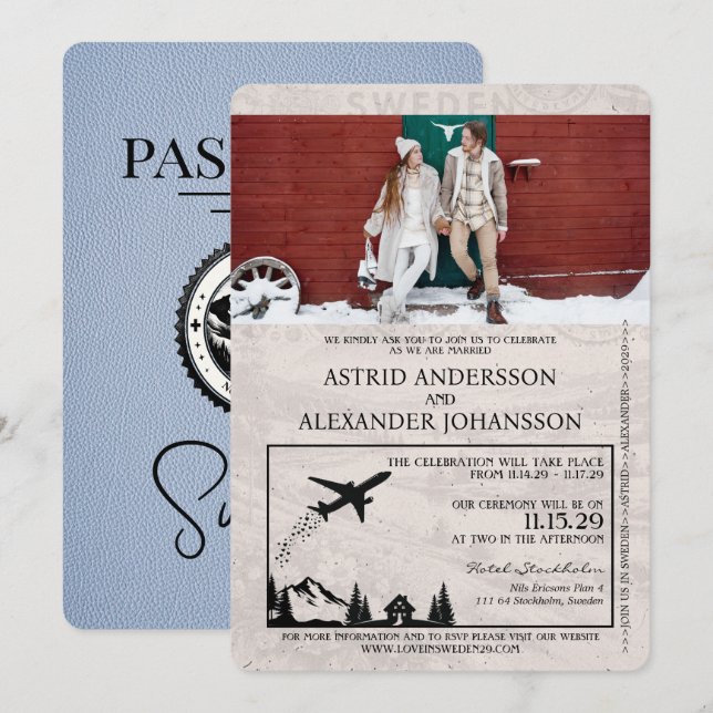 Dusty Blue Sverige Passport Wedding bjudande Inbjudningar (Fram/baksida)