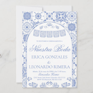 Dusty Blue Talavera Papel Picado Spanish Wedding Inbjudningar