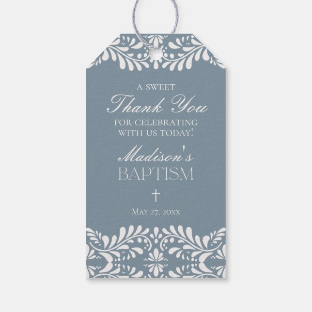 Dusty Blue Talavera Tile Fiesta Baptism Favoriter Presentetikett (Baksidan)