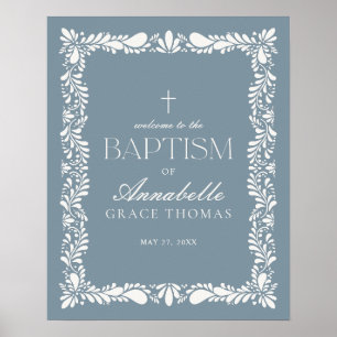 Dusty Blue Talavera Tile Fiesta Baptism Välkomna Poster
