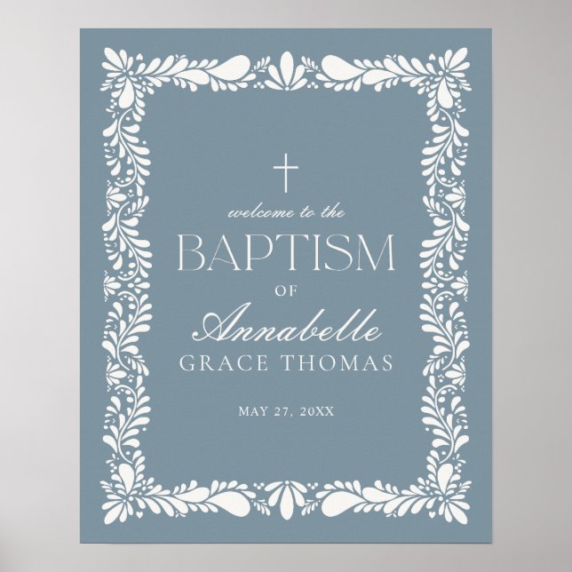 Dusty Blue Talavera Tile Fiesta Baptism Välkomna Poster (Framsidan)