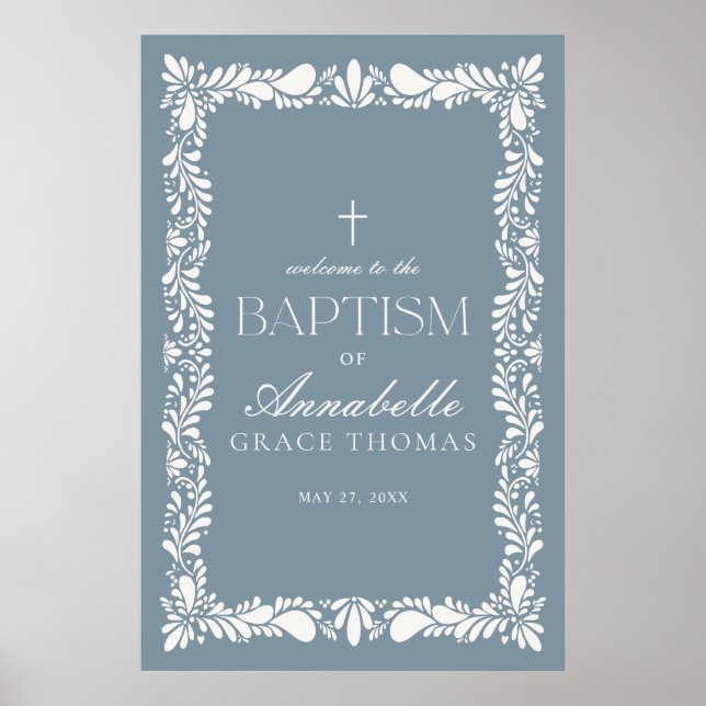 Dusty Blue Talavera Tile Fiesta Baptism Välkomna Poster (Framsidan)