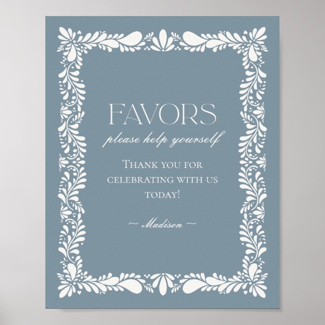 Dusty Blue Talavera Tile Fiesta Favors Sign Poster (Framsidan)