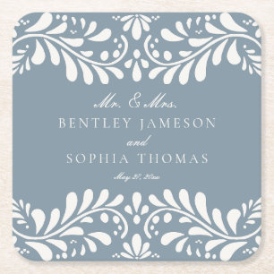 Dusty Blue Talavera Tile Spain Fiesta Bröllop Underlägg Papper Kvadrat