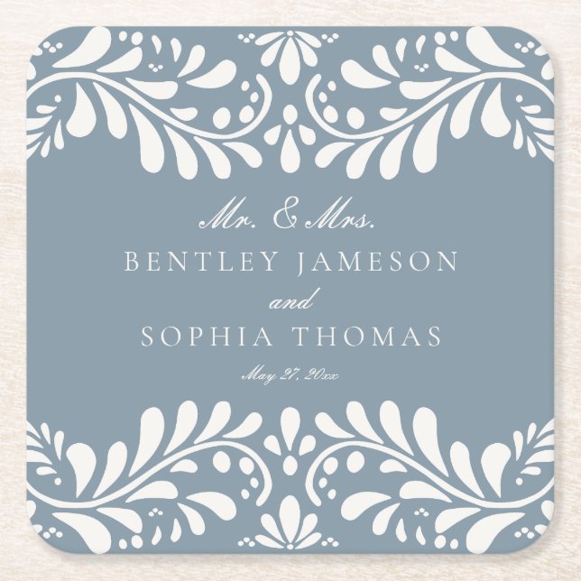 Dusty Blue Talavera Tile Spain Fiesta Bröllop Underlägg Papper Kvadrat (Framsidan)