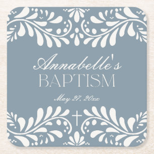 Dusty Blue Talavera Tile Spansk Fiesta Baptism Underlägg Papper Kvadrat