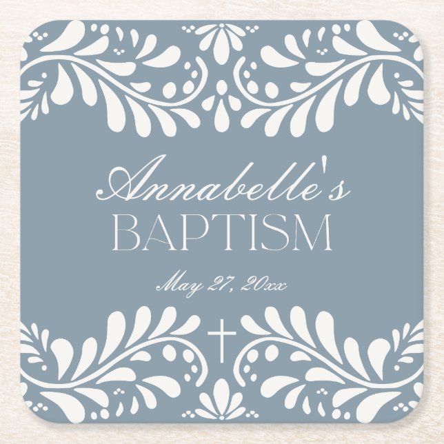 Dusty Blue Talavera Tile Spansk Fiesta Baptism Underlägg Papper Kvadrat (Framsidan)