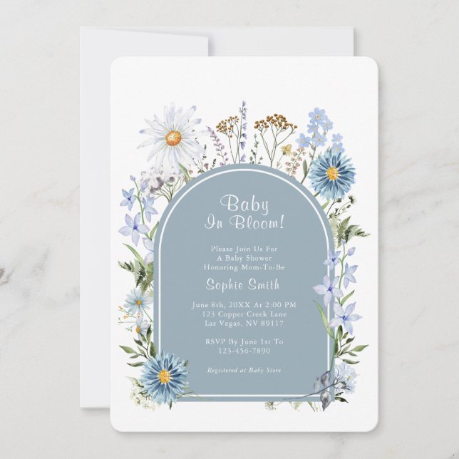 Dusty Blue Tea Party Baby i bloombabyskor Inbjudningar (Framsida)