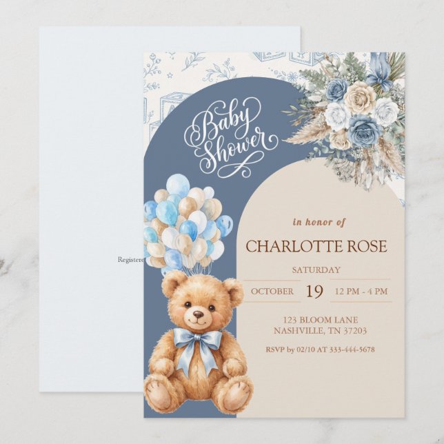 Dusty Blue Teddy Bear Bebis Bjudan Inbjudningar (Fram/baksida)